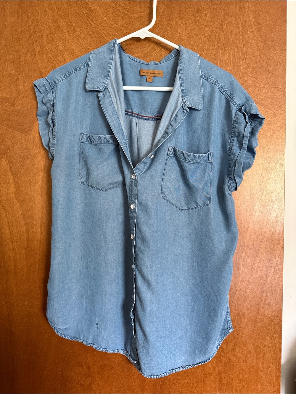 Light Wash Denim Button-Front Shirt - Relaxed Short Sleeve-small stain